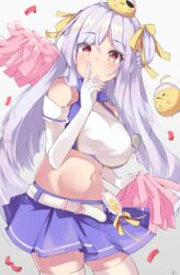  absurdres ahoge animal azur_lane bare_shoulders belt bird breasts cheerleader chick collared_shirt cowboy_shot crop_top cygnet_(azur_lane) cygnet_(royal_fanfare)_(azur_lane) elbow_gloves female gloves hand_up highres holding large_breasts long_hair looking_at_viewer manjuu_(azur_lane) midriff miniskirt mushpz navel official_alternate_costume pleated_skirt pom_pom_(cheerleading) purple_skirt red_eyes shirt skirt sleeveless sleeveless_shirt solo standing stomach thighhighs very_long_hair whistle white_gloves white_hair white_shirt white_thighhighs zettai_ryouiki 