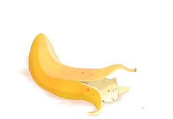  artist_name banana_peel chai_(drawingchisanne) commentary_request feline highres no_humans original simple_background sitting_on_food white_background 