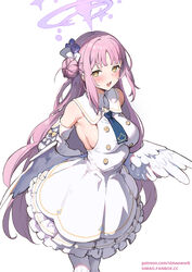  arms_behind_back artist_name bare_shoulders blue_archive breasts cosplay dress fanbox_username feathered_wings female flower hair_bun hair_flower hair_ornament halo highres large_breasts long_hair looking_at_viewer mika_(blue_archive) open_mouth pantyhose patreon_username pink_hair seia_(blue_archive) seia_(blue_archive)_(cosplay) simao_(x_x36131422) single_side_bun sleeveless sleeveless_dress smile solo web_address white_dress white_pantyhose wings yellow_eyes 