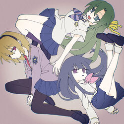  3girls :d aqua_eyes black_footwear black_hairband black_pantyhose blazer blonde_hair blue_hair blue_neckerchief blue_skirt blunt_bangs bobby_socks breasts bright_pupils closed_mouth collared_shirt commentary diagonal-striped_clothes diagonal-striped_neckerchief feet_up film_grain furude_rika green_hair grey_background grey_jacket hair_ribbon hairband half_updo highres higurashi_no_naku_koro_ni houjou_satoko jacket knee_up kneehighs legs_up loafers long_hair looking_at_viewer medium_breasts momotarekawa multiple_girls neckerchief necktie open_mouth pantyhose parted_lips pink_eyes pleated_skirt purple_eyes red_necktie ribbon school_connection school_uniform shirt shoes short_sleeves signature skirt smile socks sonozaki_shion st._lucia_academy_school_uniform striped_clothes striped_neckerchief vignetting white_legwear white_pupils white_shirt yellow_ribbon 