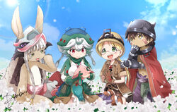  1boy 3girls absurdres animal_ears artist_name blonde_hair brown_gloves brown_hair brown_headwear brown_jacket cape commentary covered_mouth flower furry glasses gloves green_eyes green_neckwear hand_on_own_face happy hat helmet highres jacket long_hair made_in_abyss mechanical_arms meinya_(made_in_abyss) multiple_girls nanachi_(made_in_abyss) on_ground outdoors prushka red_eyes regu_(made_in_abyss) riko_(made_in_abyss) robot ryuka seiza shirt short_hair signature sitting smile teeth upper_teeth_only white_hair white_shirt yellow_eyes 