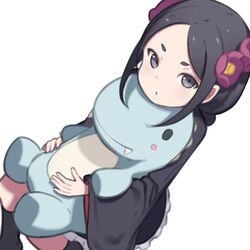  black_dress black_hair black_socks dress female flower forehead hair_flower hair_ornament highres hug hugging_object long_hair looking_at_viewer pink_flower princess_principal purple_eyes short_eyebrows simple_background sitting socks solo stuffed_toy toudou_chise white_background yomogi_uehara 