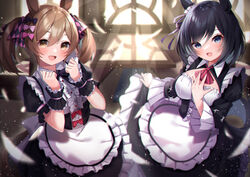  2girls :d amahara_pekozaemon animal_ears apron black_bow black_hair blue_eyes blurry blurry_background blush bow breasts brown_eyes brown_hair buttons center_frills commentary_request day depth_of_field eishin_flash_(umamusume) frills hair_between_eyes hairbow hand_on_own_chest highres horse_ears horse_girl horse_tail indoors large_breasts long_hair long_sleeves multiple_girls open_mouth pink_bow puffy_short_sleeves puffy_sleeves short_hair short_sleeves smart_falcon_(umamusume) smile sunlight tail twintails umamusume white_apron wrist_cuffs 