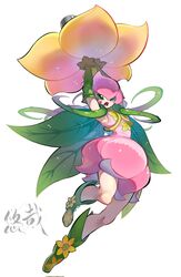  arms_up cannon corrupted_twitter_file detached_sleeves digimon digimon_(creature) dress female flower flower_hat green_eyes green_footwear green_sleeves green_wings hair_vines highres leaf_wings lilimon looking_at_viewer monster_girl open_mouth orange_flower pink_dress plant_girl plant_monster simple_background solo white_background wings youzaiyouzai112 