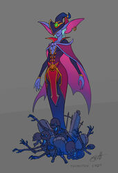  alternate_costume alternate_hair_length alternate_hairstyle animal_ears artist_name bat_ears black_dress black_headwear breasts brown_background cape collarbone dress fangs female fingernails green_hair hat_over_eyes highres league_of_legends lissandra_(league_of_legends) long_pointy_ears medium_breasts pink_cape pointy_ears red_cape red_dress sharp_fingernails short_hair signature skeleton standing teeth thorsten_erdt tombstone two-tone_cape vampire very_long_ears 