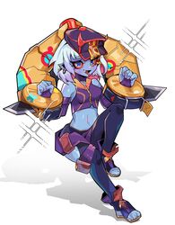  absurdres bare_shoulders beseunaj-jamjaneun_gemdol-i black_headwear blue_eyes bound bound_wrists breasts briar_(league_of_legends) chained_wrists colored_sclera colored_skin earrings female fingerless_gloves full_body gloves highres horned_hat invisible_chair jewelry jiangshi_costume knee_up league_of_legends medium_breasts multicolored_hair navel oerba_yun_fang official_alternate_costume official_alternate_hairstyle pillory pointy_ears red_hair red_sclera shiny_skin simple_background sitting smile solo sparkle stomach streaked_hair street_demon_briar toeless_legwear tongue tongue_out two-tone_hair white_background 