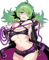  bare_shoulders belt black_choker black_gloves breasts cape choker commentary_request cowboy_shot criss-cross_halter dark_hunter dark_hunter_5 e_(eokiba) elbow_gloves female gloves green_eyes green_hair hair_over_one_eye halterneck highres large_breasts navel sekaiju_no_meikyuu sekaiju_no_meikyuu_hd short_shorts shorts solo sweatdrop underboob wavy_mouth 