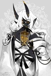  bare_shoulders black_skin bubble_tea colored_sclera colored_skin cup drinking female fingernails floral_background gold_nails hair_over_one_eye highres holding holding_cup horns japanese_clothes kimono kintsugi long_fingernails long_hair obi off_shoulder one_eye_covered oni oni_horns original pointy_ears sash sharp_fingernails solo wavy_hair white_hair white_kimono yellow_eyes yellow_nails yellow_sclera zetallis 