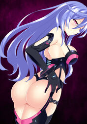  absurdres ass backless_outfit bare_shoulders black_bodysuit black_gloves blue_hair blush bodysuit breasts cowboy_shot elbow_gloves female from_behind gloves hand_on_own_ass hand_on_own_hip hatsune_haruka highres iris_heart kami_jigen_game_neptune_v long_hair looking_at_viewer looking_back medium_breasts neptune_(series) no_wings pink_eyes power_symbol power_symbol-shaped_pupils purple_hair revealing_clothes smile solo symbol-shaped_pupils thighs very_long_hair 