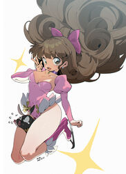  bandana between_legs bow breasts brown_hair collar dated detached_sleeves earrings female figure_skating floating_hair flying_sweatdrops hair_spread_out hairbow highres ice_skates jewelry leotard long_hair looking_at_viewer open_mouth p-chan piglet ranma_1/2 shiratori_azusa signature skates smile sparkle struggling sweat tears trapped v very_long_hair waterkuma white_background 