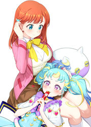  +_+ 2girls :3 adjusting_hair ahoge animal_hat aqua_eyes bell blonde_hair blue_choker blue_dress blue_hair blush bow bowtie braid breasts brown_skirt cat_hair_ornament cat_hat choker closed_mouth collared_shirt commentary dress eating food_in_mouth hair_ornament hair_strand hat hibino_matsuri jacket jingle_bell knees_together_feet_apart lap_pillow long_hair looking_at_another looking_down lying medium_breasts multicolored_hair multiple_girls myamu neck_bell on_back open_clothes open_jacket orange_hair pet_food pink_jacket pleated_skirt pretty_series purple_eyes school_uniform shirt side_braid simple_background sitting skirt smile sparkling_eyes streaked_hair thick_thighs thighs twintails usaginiku1123 vest waccha_primagi! white_background white_shirt white_vest yellow_bow 