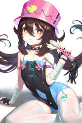  armlet black_gloves blush brown_hair choker commentary_request female fingerless_gloves flat_chest flower-shaped_pupils garter_straps genshin_impact gloves hat highres hu_tao_(genshin_impact) leotard lisong_shen looking_at_viewer pink_hat red_eyes smile solo star_(symbol) strap_slip symbol-shaped_pupils thighhighs top_hat twintails white_thighhighs 