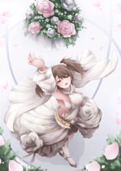  :d absurdres armpits azur_lane bouquet brown_hair commentary_request detached_sleeves dress female flower green_eyes highres long_dress looking_at_viewer looking_up official_alternate_costume osatou_(soul_of_sugar) pink_flower pink_rose rose smile solo throwing twintails wedding_dress white_dress white_flower white_rose york_(azur_lane) york_(oath_of_purity)_(azur_lane) 