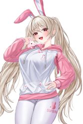  absurdres alice_(nikke) alice_(nikke)_(cosplay) alice_(sweet_home)_(nikke) animal animal_ear_headwear animal_ears blonde_hair blush breasts cosplay cowboy_shot drawing drawstring english_text fake_animal_ears female goddess_of_victory:_nikke hair_between_eyes hand_on_own_hip heart_on_chest highres hood hoodie large_breasts long_hair long_sleeves looking_at_viewer nyanbutter open_mouth original pantyhose rabbit raglan_sleeves red_eyes simple_background smile swept_bangs thighs twintails very_long_hair white_background white_pantyhose 