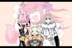  2boys 2girls anger_vein animal_ears blonde_hair bodysuit bomber_jacket breasts bug cape cleavage elizabeth_bathory_(fate) elizabeth_bathory_(fate/extra_ccc) elizabeth_bathory_(first_ascension)_(fate) fate/grand_order fate_(series) fox_ears fox_tail fur-trimmed_cape fur_trim glasses goggles goggles_on_head grey_hair horns ieiieiiei jacket koyanskaya_(assassin)_(first_ascension)_(fate) koyanskaya_(fate) letterboxed moth multiple_boys multiple_girls oberon_(fate) oerba_yun_fang pink_hair scarf sparkling_eyes tail tamamo_(fate) v voyager_(fate) voyager_(third_ascension)_(fate) 