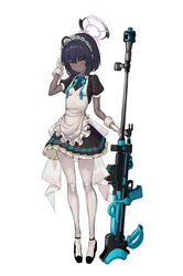  absurdres aged_down ahoge alternate_hair_length alternate_hairstyle anti-materiel_rifle apron b-pang black_hair blue_archive blush boys_anti_tank_rifle breasts dark-skinned_female dark_skin female full_body gloves gun halo high_heels highres karin_(blue_archive) maid maid_apron maid_headdress pantyhose rifle short_hair simple_background small_breasts sniper_rifle solo weapon white_background white_pantyhose yellow_eyes 