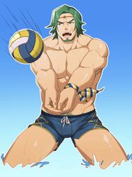  1boy abs ball bara blue_male_swimwear facial_hair fire_emblem fire_emblem:_three_houses green_hair highres large_pectorals male_focus male_swimwear muscular muscular_male open_mouth pectorals seteth_(fire_emblem) short_hair solo volleyball_(object) water wristband zhuganchangjiadan 