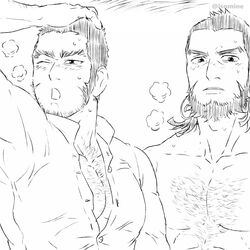  2boys bara beard beard_stubble blush breath buzz_cut chest_hair_peek clothed_male_nude_male collared_shirt facial_hair golden_kamuy hand_on_own_head isomine kiroranke large_pectorals long_sideburns male_focus mature_male multiple_boys muscular muscular_male nude open_mouth pectoral_cleavage pectorals scar scar_on_cheek scar_on_face shirt short_hair sideburns stubble tanigaki_genjirou thick_eyebrows tight_clothes tight_shirt upper_body very_short_hair 