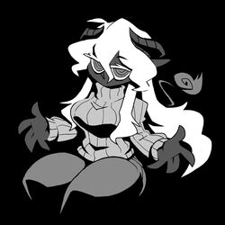  aldegon_(rariatto) black_background borrowed_character breasts dark-skinned_female dark_skin demon_girl demon_horns demon_tail female greyscale hair_between_eyes horns large_breasts long_hair long_sleeves looking_at_viewer monochrome original pants pointy_ears solo sweater tail vanripper 