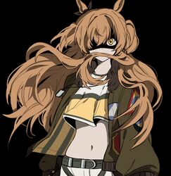  absurdres animal_ears arms_at_sides belt black_background bomber_jacket brown_hair covered_mouth crop_top dog_tags eyes_in_shadow female floating_hair green_jacket highres horse_ears horse_girl jacket long_hair long_sleeves looking_at_viewer mayano_top_gun_(umamusume) midriff navel open_clothes open_jacket shirt simple_background solo two_side_up umamusume unneul upper_body wind yellow_eyes 