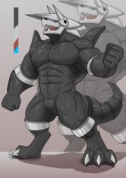  abs aggron anthro armor biceps big_biceps biped black_body black_skin blue_sclera claws featureless_crotch generation_3_pokemon head_plate hi_res horn jaws male muscular muscular_anthro muscular_arms muscular_legs muscular_male muscular_thighs nintendo open_mouth pecs plate_armor pokemon pokemon_(species) pokemorph pose serratus solo spikes spikes_(anatomy) steel valentinesartx 