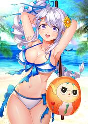  absurdres armpits beach blush breasts cleavage cloud collarbone female flower hair_flower hair_ornament highres large_breasts long_hair looking_at_viewer navel open_mouth outdoors purple_eyes smile star_ocean star_ocean_anamnesis swimsuit tika_blunche uzura_(moimoi) 