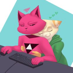  1:1 absurd_res computer_mouse damian5320 domestic_cat duo felid feline felis hi_res hug hugging_another hugging_from_behind jacket_(jacketpd) jacketpd keyboard mammal simple_background 