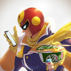  1boy captain_falcon cellphone chopsticks commentary_request cup_ramen donbei_kitsune_udon f-zero food gloves grey_background helmet holding holding_food instant_udon looking_at_object looking_at_phone looking_away male_focus nissin_donbei phone product_placement scarf solo super_smash_bros. takami_masahiro upper_body yakult yellow_gloves yellow_scarf 