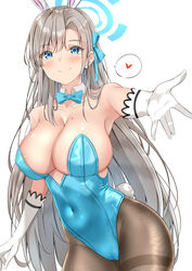  animal_ears asuna_(blue_archive) asuna_(bunny)_(blue_archive) blue_archive blue_eyes blue_leotard blue_ribbon blush breasts cleavage closed_mouth covered_navel elbow_gloves fake_animal_ears female gloves grey_hair hair_ornament hair_ribbon hairband halo heart highres large_breasts leotard long_hair looking_at_viewer mole mole_on_breast official_alternate_costume pantyhose playboy_bunny rabbit_ears ribbon sideboob simple_background smile solo strapless strapless_leotard sunsun2812 thighband_pantyhose white_background white_gloves white_hairband 