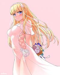  arthur_ko blonde_hair blue_eyes blush bouquet breasts clothing_cutout covered_navel dress female fletcher_(kancolle) flower hair_ornament highres holding holding_bouquet kantai_collection large_breasts long_hair official_alternate_costume pink_background red_flower red_rose rose side_cutout simple_background smile solo standing star_(symbol) star_hair_ornament very_long_hair white_dress white_flower white_rose yellow_flower yellow_rose 