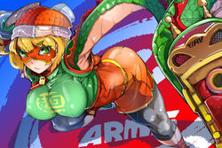  arms_(game) ass beanie blonde_hair bob_cut breasts commentary_request domino_mask dragon_(arms) dutch_angle female green_eyes hat highres knit_hat large_breasts mask meandros megawatt_(arms) min_min_(arms) orange_shorts pantyhose_under_shorts perspective short_hair shorts simple_background solo takayama_toshinori 