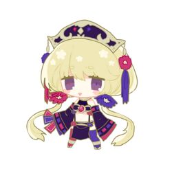  :3 bangs blonde_hair blue_flower blue_pupils blush_stickers bright_pupils chibi detached_sleeves female flower hair_flower hair_ornament long_hair long_sleeves open_mouth original pink_flower pink_pupils purple_hair purple_sleeves salty_(usagi_nui) simple_background smile solo transparent_background twintails usagi_nui 