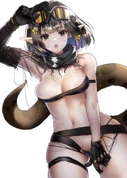  :o arknights arm_strap arm_up bad_id bad_twitter_id bandeau bare_shoulders black_gloves black_hair black_panties breasts commentary cowboy_shot eunectes_(arknights) female gloves goggles goggles_on_head grey_eyes highres hominamia looking_at_viewer medium_breasts midriff navel open_mouth panties pointy_ears short_hair simple_background snake_tail solo standing stomach strapless tail thigh_strap thighs tube_top underwear white_background 