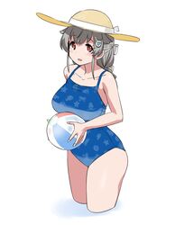  adapted_costume animal_print ball beachball black_hair blue_one-piece_swimsuit breasts casual_one-piece_swimsuit commentary_request cropped_legs female fish_print hair_flaps hair_ornament hairclip hat jingei_(kancolle) kantai_collection large_breasts long_hair low_ponytail one-piece_swimsuit red_eyes simple_background solo star_(symbol) star_print sun_hat swimsuit tamu_(mad_works) whale_hair_ornament white_background yellow_hat 