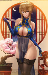  ahoge artoria_pendragon_(fate) artoria_pendragon_(lancer)_(fate) black_thighhighs blonde_hair blue_gloves blurry blurry_background bonsai braid braided_bun breasts chair china_dress chinese_clothes cleavage_cutout clothing_cutout covered_navel crescent_moon dress elbow_gloves fate/grand_order fate_(series) female folded_fan folding_fan gloves green_eyes hair_between_eyes hair_bun hand_fan highleg highleg_leotard highres holding holding_fan indoors large_breasts lattice leotard limgae moon night pelvic_curtain plant potted_plant round_window see-through short_hair sleeveless sleeveless_turtleneck sleeveless_turtleneck_leotard smile solo thighhighs turtleneck turtleneck_leotard watermark web_address window 