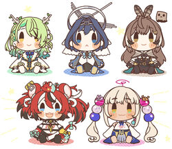  5girls :&lt; :3 :d absurdres animal_ear_fluff animal_ears animal_on_head antlers black_hair blonde_hair blue_eyes blue_hair blush_stickers brown_eyes brown_hair ceres_fauna ceres_fauna_(1st_costume) chibi collar commentary dark-skinned_female dark_skin earclip earrings feather_hair_ornament feathers flower friend_(nanashi_mumei) green_hair hair_flower hair_ornament hairclip hakos_baelz hakos_baelz_(1st_costume) highres holocouncil hololive hololive_english horns jewelry kaniko_(tsukumo_sana) key limiter_(tsukumo_sana) long_hair long_sleeves looking_at_viewer mouse_(animal) mouse_ears mouse_girl mouse_on_head mouse_tail mr._squeaks_(hakos_baelz) multicolored_hair multiple_girls nanashi_mumei nanashi_mumei_(1st_costume) on_head ouro_kronii ouro_kronii_(1st_costume) ponytail red_hair ribbon same_anko sharp_teeth short_hair simple_background smile spiked_collar spikes streaked_hair stuffed_toy tail tail_ornament tail_ribbon teeth tsukumo_sana tsukumo_sana_(1st_costume) twintails two-tone_hair usaslug_(tsukumo_sana) virtual_youtuber white_background white_hair yellow_eyes 