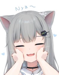  1other amashiro_natsuki animal_ears cat_ears closed_eyes collared_shirt commentary_request eyebrows_hidden_by_hair facing_viewer fangs female grey_hair hair_ornament hairclip heart indie_virtual_youtuber long_hair nachoneko nyan open_mouth portrait romaji_text shirt simple_background solo_focus virtual_youtuber whiskers white_background white_shirt 