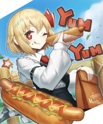  :q ascot bag blonde_hair cloud eating falling_leaves fence food food_on_face hair_ribbon highres holding holding_food hot_dog ketchup leaf long_sleeves looking_at_viewer mustard one_eye_closed paper_bag red_eyes ribbon rope rumia sausage short_hair spark621 sparkling_eyes tongue tongue_out touhou vest 