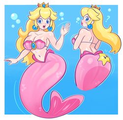  ? absurdres air_bubble alternate_costume ass blonde_hair blue_background blue_eyes border bubble collarbone crown earrings female highres jewelry long_hair looking_at_viewer luma_draws mario_(series) mermaid monster_girl multiple_views navel on_ass open_mouth princess_peach shell shell_bikini sphere_earrings super_star_(mario) waving white_border 