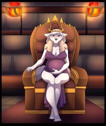  anthro belly big_belly black_nose breasts canid canine canis chair cleavage clothed clothing crown digital_media_(artwork) female fur furniture hair headgear hi_res male_(lore) mammal mature_female pregnant pregnant_anthro pregnant_female shaded solo sve_ulfrota throne unimpressed white_body white_fur white_hair wolf ziggie13 