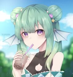  artist_name black_leotard blue_sky breasts bubble_tea cleavage cleavage_cutout clothing_cutout cloud cup disposable_cup double_bun drinking drinking_straw english_commentary female finana_ryugu finana_ryugu_(2nd_costume) fins fish_girl flower green_hair hair_between_eyes hair_bun hair_flower hair_ornament head_fins highres leotard long_hair looking_at_viewer nealayiskah nijisanji nijisanji_en outdoors purple_eyes purple_flower sky solo star_(symbol) star_hair_ornament upper_body virtual_youtuber watermark 