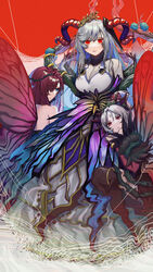  3girls absurdres bare_shoulders blue_eyes blue_hair bodysuit breasts closed_mouth commentary_request curled_horns dress facial_mark fairy fairy_wings fire_emblem fire_emblem_heroes forehead forehead_mark freyja_(fire_emblem) goat_horns grey_hair grin hair_ornament hair_over_one_eye hair_vines highres horns ikura_(downdexp) lips long_hair looking_at_viewer multicolored_hair multiple_girls one_eye_covered parted_bangs parted_lips plant plumeria_(fire_emblem) ponytail purple_hair red_background red_eyes red_horns red_lips short_hair skin_tight smile thorns triandra_(fire_emblem) two-tone_hair very_long_hair vines white_dress wings 