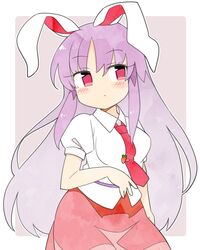  animal_ears border brown_background carrot_pin closed_mouth collared_shirt commentary cowboy_shot female highres ini_(inunabe00) long_hair looking_at_viewer necktie pink_skirt puffy_short_sleeves puffy_sleeves purple_hair rabbit_ears red_eyes red_necktie reisen_udongein_inaba shirt short_sleeves simple_background skirt solo standing touhou white_border white_shirt 