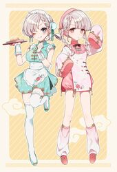  2girls apron banirou bloomers blue_eyes blunt_bangs braid braided_bangs breasts brown_eyes china_dress chinese_clothes commentary_request double_bun dress food fried_rice full_body green_dress grey_hair hair_bun hair_ribbon hat high_heels highres hisakawa_hayate hisakawa_nagi idolmaster idolmaster_cinderella_girls idolmaster_cinderella_girls_starlight_stage ladle large_breasts licking_lips long_hair looking_at_viewer loose_socks low_twintails maid_headdress multiple_girls one_eye_closed pink_dress plate ribbon short_dress short_hair siblings single_hair_bun sisters sleeveless sleeveless_dress sleeves_past_fingers sleeves_past_wrists small_breasts socks standing thighhighs tongue tongue_out tray twin_braids twins twintails underwear waist_apron white_legwear wide_sleeves wrist_cuffs zettai_ryouiki 