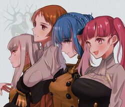  4girls blue_hair braid brown_eyes chil0107 closed_mouth commentary_request crown_braid fire_emblem fire_emblem:_three_houses from_side garreg_mach_monastery_uniform highres hilda_valentine_goneril leonie_pinelli long_hair long_sleeves lysithea_von_ordelia marianne_von_edmund multiple_girls open_mouth orange_eyes orange_hair pink_eyes pink_hair protected_link short_hair simple_background twintails uniform upper_body white_hair 