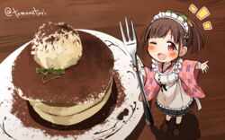  apron bad_id bad_pixiv_id blush boots brown_hair double_bun female food fork frilled_apron frilled_skirt frills hair_bun ice_cream idolmaster idolmaster_shiny_colors japanese_clothes kimono looking_at_viewer maid_headdress medium_skirt mini_person minigirl one_eye_closed open_mouth pancake pink_kimono pleated_skirt ponytail shirt skirt solo sonoda_chiyoko torinabe white_shirt 