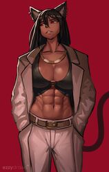  abs absurdres animal_ears black_hair breasts cat_ears cat_girl cat_tail cleavage dark_skin ezzydraws female formal highres jacket jewelry large_breasts long_hair muscular muscular_female necklace oerba_yun_fang open_clothes open_jacket original red_background red_eyes solo suit tail toned 