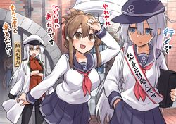  4girls aged_up alternate_breast_size anchor_symbol black_gloves black_headwear black_pantyhose black_sailor_collar black_skirt blue_eyes book breasts brown_hair commentary_request folded_ponytail gangut_(kancolle) gloves grey_hair hibiki_(kancolle) highres inazuma_(kancolle) jacket jacket_on_shoulders kantai_collection kokutou_nikke light_rays long_hair medium_breasts multiple_girls nanodesu_(phrase) neckerchief orange_eyes pantyhose peeking_out pleated_skirt red_shirt sailor_collar sash scar scar_on_cheek scar_on_face school_uniform serafuku shirt short_sleeves shoulder_sash sign skirt sunbeam sunlight tashkent_(kancolle) translation_request 