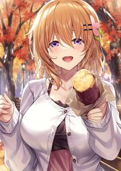  :d aged_up alternate_breast_size alternate_costume autumn_leaves blush breasts buttons cardigan collarbone commentary_request female food gochuumon_wa_usagi_desu_ka? hair_ornament hairclip highres holding holding_food hoto_cocoa ks_(xephyrks) large_breasts long_sleeves looking_at_viewer maple_tree medium_hair open_mouth orange_hair outdoors purple_eyes smile solo sweet_potato tree upper_body white_cardigan 