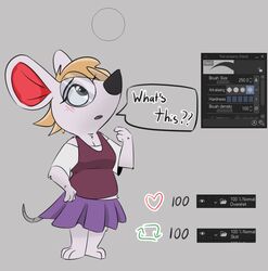  2023 absurd_res animal_crossing anthro barefoot bottomwear breaking_the_fourth_wall clothed clothing dialogue english_text eyewear feet female glasses hi_res mammal mouse murid murine nintendo noodlestoat petri_(animal_crossing) rodent skirt solo strip_meme tail text 